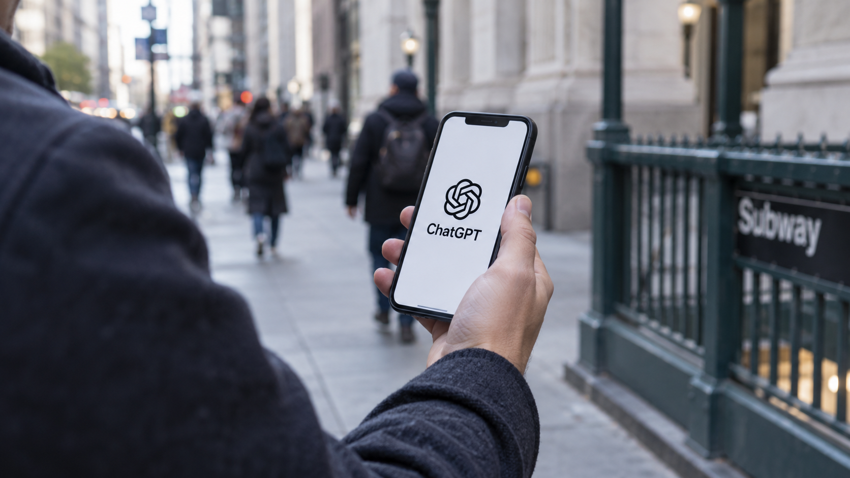 Ilustração de uma pessoa segurando um celular com ChatGPT em uma rua.