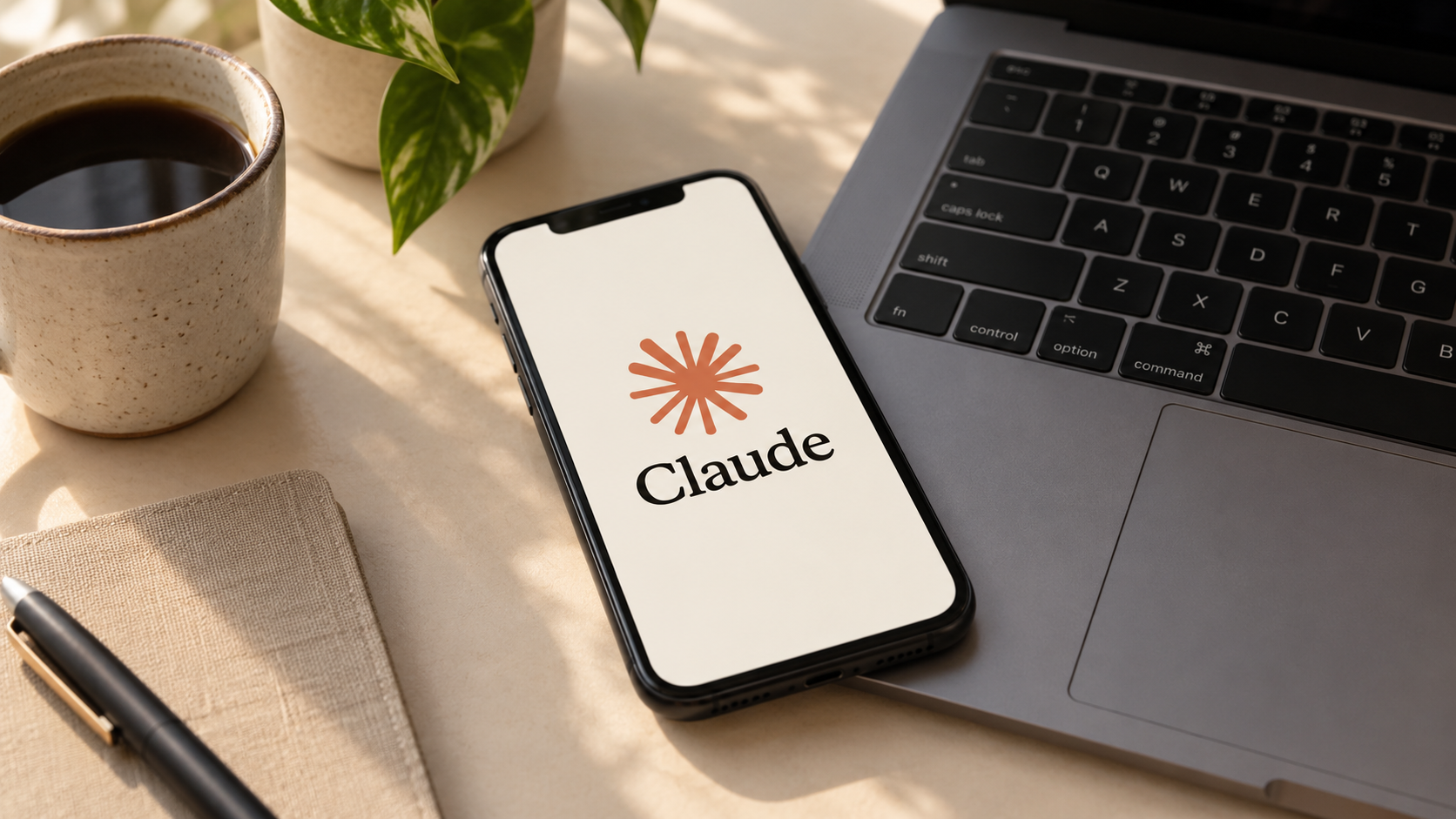 Ilustração de celular com o nome Claude e símbolo alaranjado apoiado junto a um notebook.