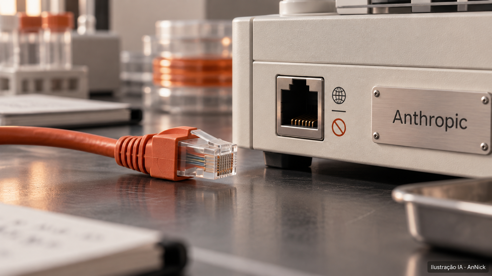 Ilustração de cabo Ethernet desconectado ao lado de um equipamento conceitual identificado com o nome Anthropic.
