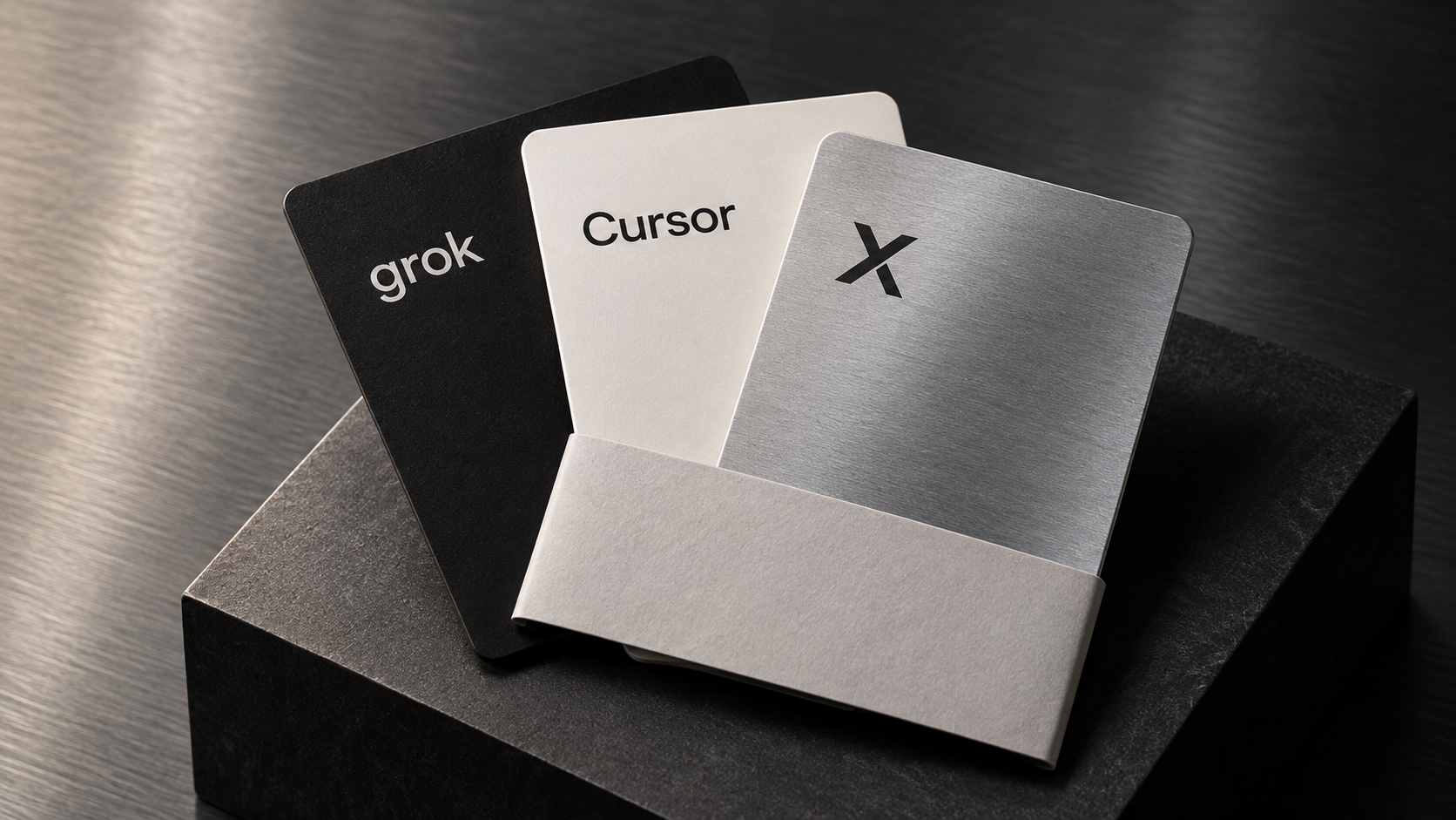 Ilustração gerada por IA de três cartões simbólicos com os nomes Grok, Cursor e X.
